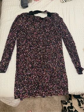 Parker Black Long Sleeve Sequin Dress with Pink Accents